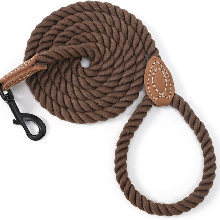 Dog Leash, Braided Cotton Rope Leashes with Leather Tip - Heavy Duty Metal Clasp, 4FT, 1/2" Thick - Wedding, Walking & Training Leash for Small Medium Large Dogs (Dark Brown)