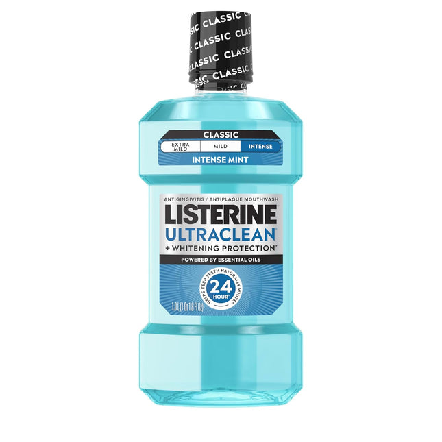 Listerine Ultraclean Intense Antiseptic Mouthwash + Whitening Protection*, Everfresh Technology to Help Fight Bad Breath, Gingivitis, & Plaque, Tartar Control Oral Rinse, Intense Mint, 1L