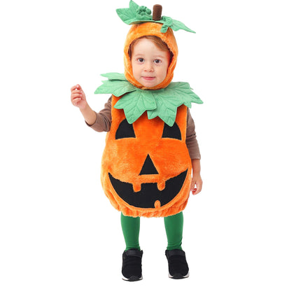 Halloween Pumpkin Costume for Toddler, Pumpkin Costume with Plush Green Leaves, Halloween Party Dress up Costume 3-4 Yrs