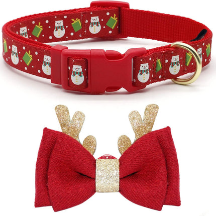 Christmas Dog Collar Adjustable Xmas Dog Collars with Christmas Antler Bow Tie Accessories Snowman Dog Collar for Medium Dogs
