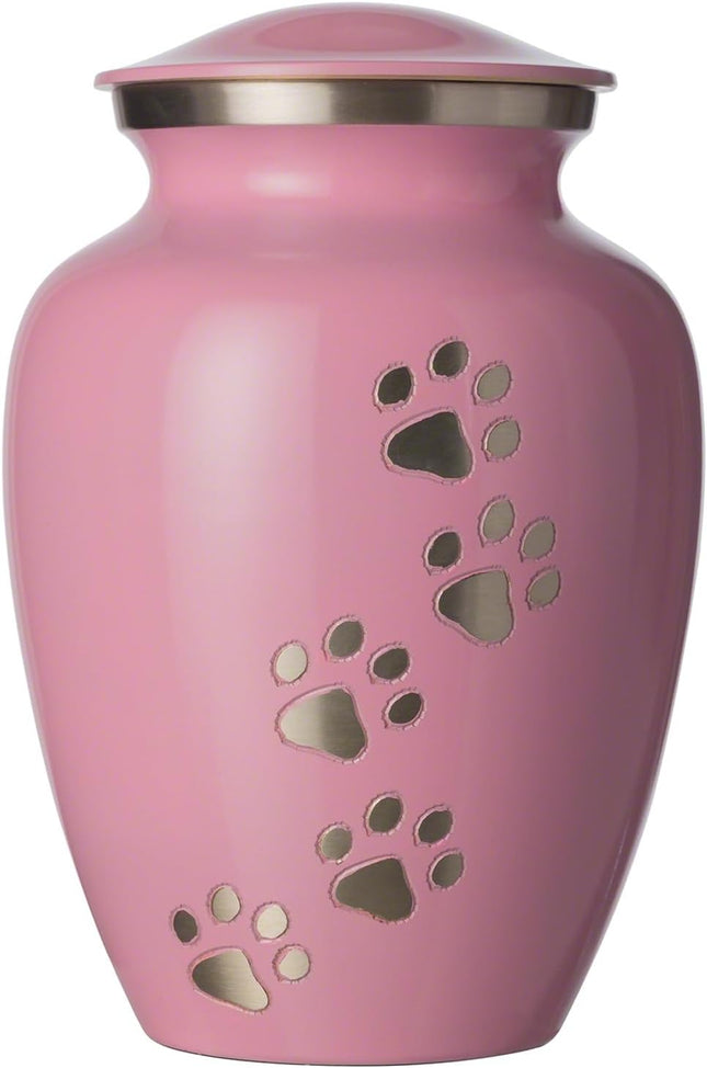 Ottillie Paws Legacy Series Pet Urn for Dogs, Handmade Aluminum Memorial Cremation Urn (Large - Pets up to 115 Lbs, Ardent Pink, Vertical Pewter Paws)