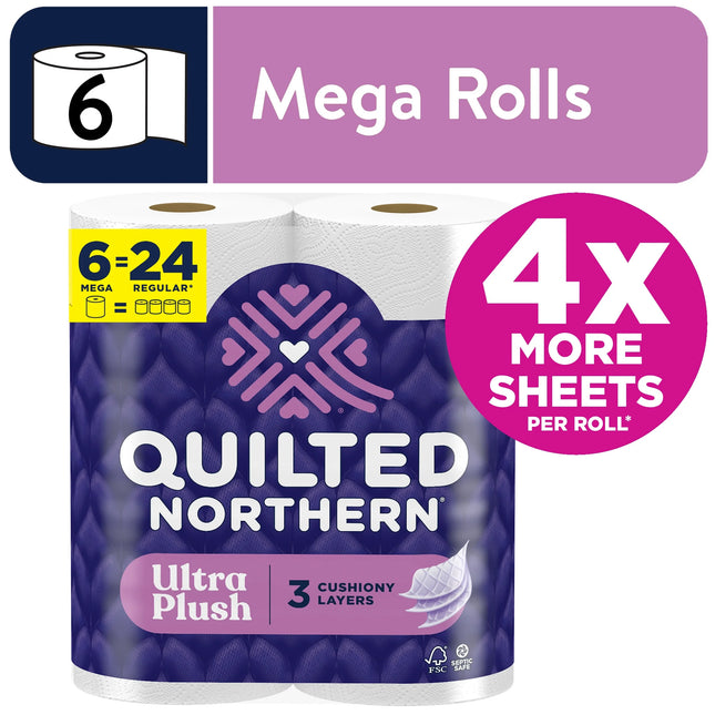 Ultra Plush 3-Ply Toilet Paper, 6 Mega Rolls, 255 Sheets per Roll