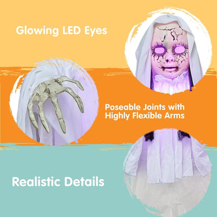 43" Hanging Ghost Girl Halloween Decor,Scary Ghost Sound Activated with Light-Up Head,Scary Decoration for Yard,Patio,Lawn,Garden & Haunted House