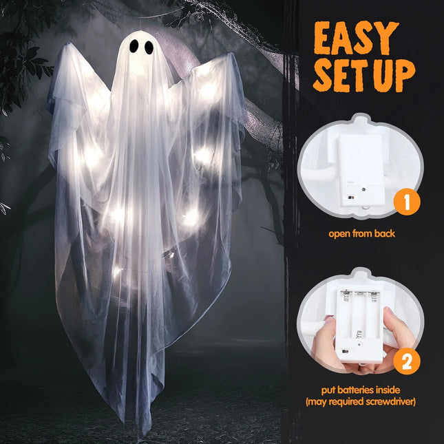 47 Inch Hanging Ghosts Halloween Decor,Halloween Light up White Ghosts with Spooky White LED Light,Halloween Outdoor Yard Porch Decorations,Haunted House Decorations