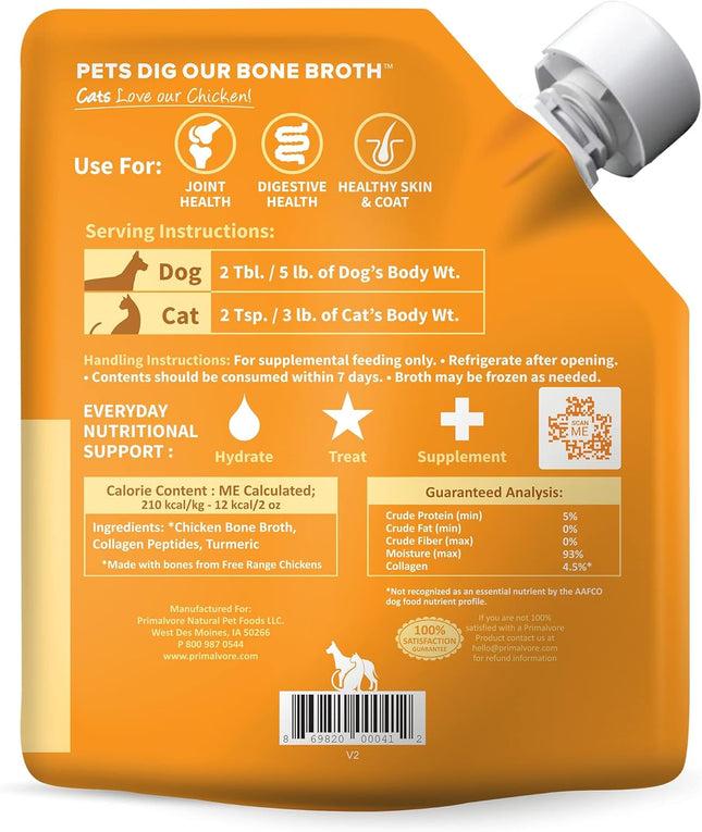 Free-Range Bone Broth for Dogs &Cats, Mobility Formula W/Collagen Peptides to Help Support Hip & Joints, Digestion, Skin & Coat and Hydration, Human Grade, Made in USA. Chicken 2 Pack