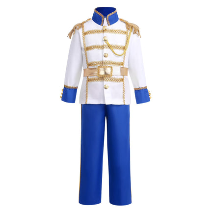 Boy Prince Charming Costume Halloween Carnival Cosplay Fancy Dress up Medieval Royal Prince King Knight Outfit for Kids Jacket Top Pants Crown Set 3-4 Years Royal Blue