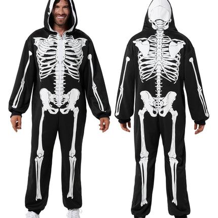 Skeleton Costume for Men, Adult Skeleton Halloween Costume Zip-Up Hooded Jumpsuit Pajama for Party Cosplay and Themed Dress up XXL