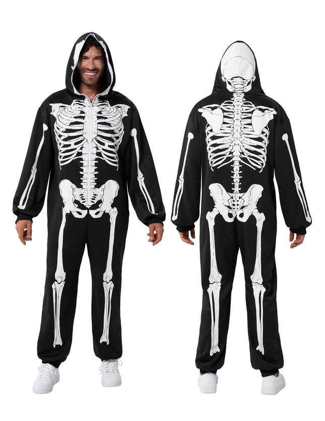 Skeleton Costume for Men, Adult Skeleton Halloween Costume Zip-Up Hooded Jumpsuit Pajama for Party Cosplay and Themed Dress up XXL