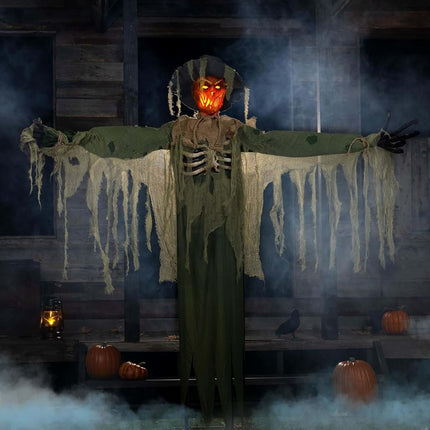 6.5FT Swiping Scarecrow Animatronic | Halloween Decoration with Moving Arm, Glowing Eyes, Fire Light Effects and Creepy Phrases