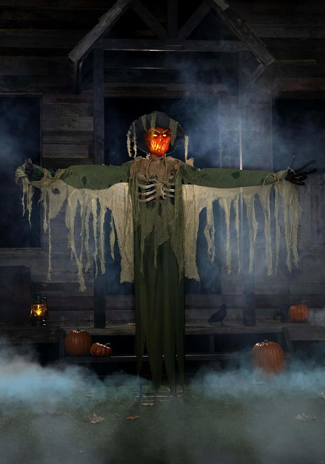 6.5FT Swiping Scarecrow Animatronic | Halloween Decoration with Moving Arm, Glowing Eyes, Fire Light Effects and Creepy Phrases