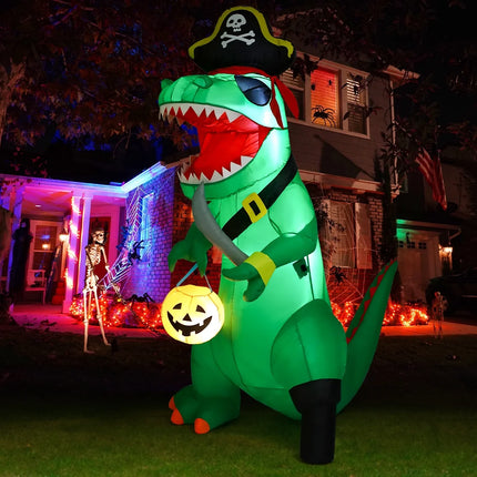 7FT Outdoor Halloween Decorations Halloween Dinosaur Inflatable, Halloween Inflatables Blow up Dinosaur, Green Pirate Dino Halloween Decorations Dinosaur Halloween Inflatable for Holiday/Party