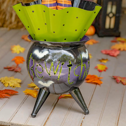 Metal Halloween Figurine Statue Decorations with Bobbly Heads (Smaller Size, Witch in Cauldron)