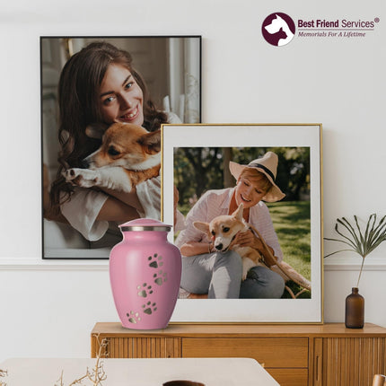 Ottillie Paws Legacy Series Pet Urn for Dogs, Handmade Aluminum Memorial Cremation Urn (Large - Pets up to 115 Lbs, Ardent Pink, Vertical Pewter Paws)
