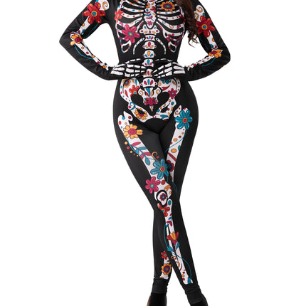 Floral Skeleton Costume for Womens, Skeleton Bone Bodysuit Halloween Costumes for Adult Halloween Party Fancy Dress-Up