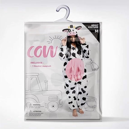 Adult Cow Pajamas, Realistic Plush Cow Costume Jumpsuit Outfit Hooded Halloween Costume Sleepwear for Halloween Cosplay Animal Themed Parties(Large)