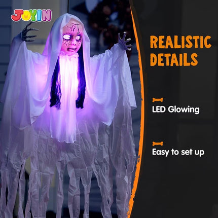 43" Hanging Ghost Girl Halloween Decor,Scary Ghost Sound Activated with Light-Up Head,Scary Decoration for Yard,Patio,Lawn,Garden & Haunted House