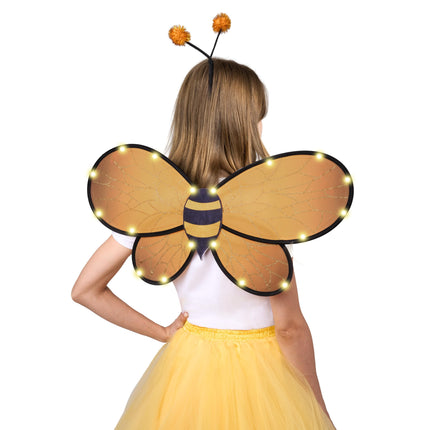 2 Pcs Yellow Bumble Bee Wings with Light Up, Bee Antenna Headband Set for Girls Halloween Animal Costume Cosplay Party