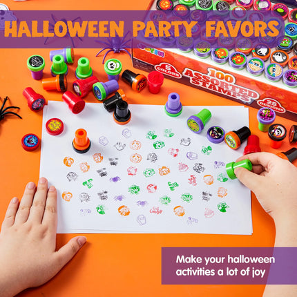 100 Pcs Halloween Assorted Stamps for Kids – Halloween Toy Stamps, Party Favors for Trick-Or-Treaters, Goodie Bag Fillers, Prizes & Basket Stuffers
