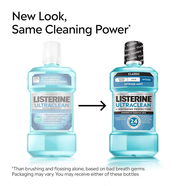 Listerine Ultraclean Intense Antiseptic Mouthwash + Whitening Protection*, Everfresh Technology to Help Fight Bad Breath, Gingivitis, & Plaque, Tartar Control Oral Rinse, Intense Mint, 1L