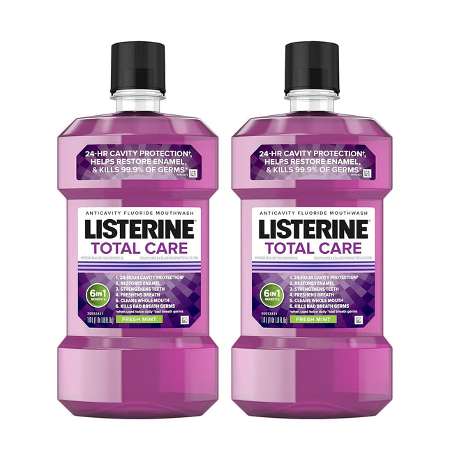 Listerine Total Care Anticavity Fluoride Mouthwash, 6-In-1 Rinse Helps Kill 99% of Bad Breath Germs, Prevents Cavities, Strengthens Teeth, Bad Breath Treatment for Adults, Fresh Mint, Twin Pack, 2X1 L
