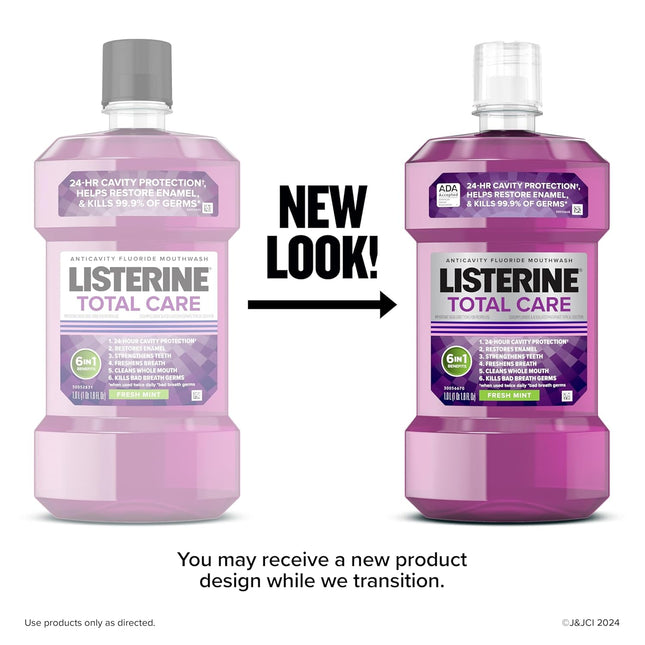 Listerine Total Care Anticavity Fluoride Mouthwash, 6-In-1 Rinse Helps Kill 99% of Bad Breath Germs, Prevents Cavities, Strengthens Teeth, Bad Breath Treatment for Adults, Fresh Mint, Twin Pack, 2X1 L