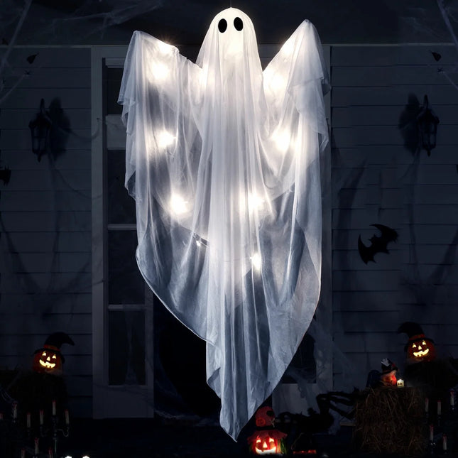 47 Inch Hanging Ghosts Halloween Decor,Halloween Light up White Ghosts with Spooky White LED Light,Halloween Outdoor Yard Porch Decorations,Haunted House Decorations