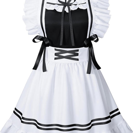 Classic French Maid Costume Apron Fancy Dress Cosplay Outfit Headwear Gloves Socks Set