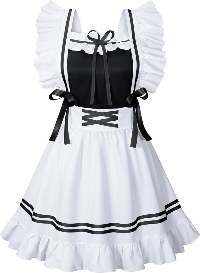 Classic French Maid Costume Apron Fancy Dress Cosplay Outfit Headwear Gloves Socks Set