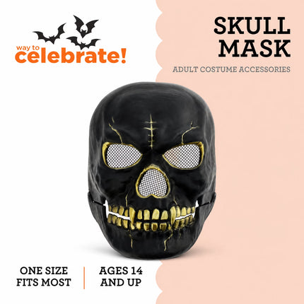 Skull Mask Costume Accessory for Adults, Black and Gold, Halloween by