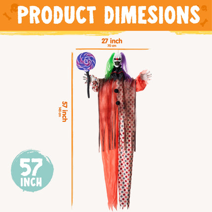 53" Halloween Animated Hanging Scary Clown Decorations Outdoor,Sound Activated Screaming & Waving Arms,Red Glowing Light up Eyes,Outdoor Halloween Prop for Yard Lawn Haunted House