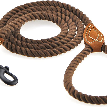 Dog Leash, Braided Cotton Rope Leashes with Leather Tip - Heavy Duty Metal Clasp, 4FT, 1/2" Thick - Wedding, Walking & Training Leash for Small Medium Large Dogs (Dark Brown)