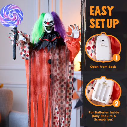 53" Halloween Animated Hanging Scary Clown Decorations Outdoor,Sound Activated Screaming & Waving Arms,Red Glowing Light up Eyes,Outdoor Halloween Prop for Yard Lawn Haunted House