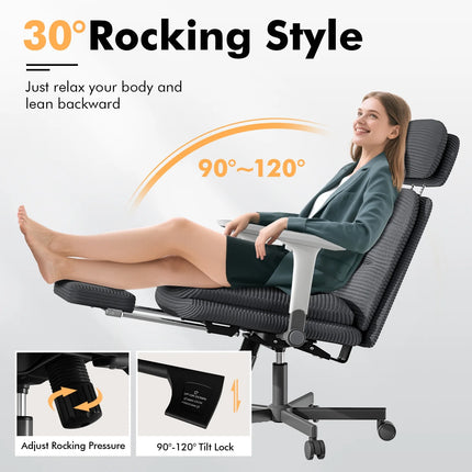 Ergonomic Reclining Office Chair with Footrest, Adjustable Swivel Base, Headrest, Lumbar Support, Black
