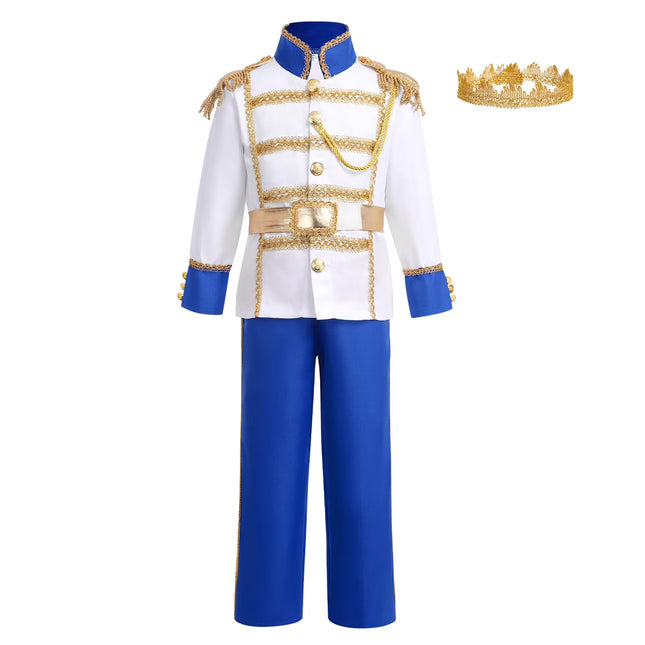 Boy Prince Charming Costume Halloween Carnival Cosplay Fancy Dress up Medieval Royal Prince King Knight Outfit for Kids Jacket Top Pants Crown Set 3-4 Years Royal Blue