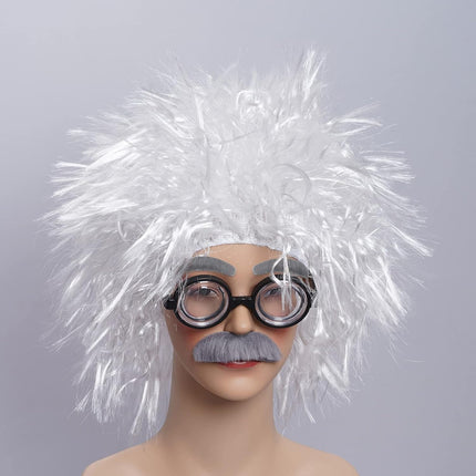 Old Man Costume Set Mad Scientist Wig Glasses Mustache Eyebrows for Dressing up Grandpa Costume Halloween Party Cosplay Set