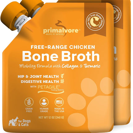 Free-Range Bone Broth for Dogs &Cats, Mobility Formula W/Collagen Peptides to Help Support Hip & Joints, Digestion, Skin & Coat and Hydration, Human Grade, Made in USA. Chicken 2 Pack