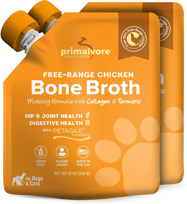 Free-Range Bone Broth for Dogs &Cats, Mobility Formula W/Collagen Peptides to Help Support Hip & Joints, Digestion, Skin & Coat and Hydration, Human Grade, Made in USA. Chicken 2 Pack
