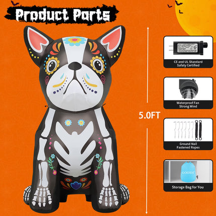 Halloween Inflatables 5 FT Halloween Dog Inflatable with LED Lights, Halloween Blow up Dog Inflatable Skeleton Bulldog, Outdoor Halloween Decorations Skeleton Dog Blow up for Halloween Holiday