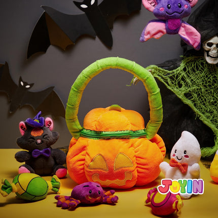 8 Pcs Halloween Basket with Stuffed Plush,Halloween Gift Basket Stuffers for Baby Kids Toddler,Halloween Toys,Halloween Pumpkin Decorations
