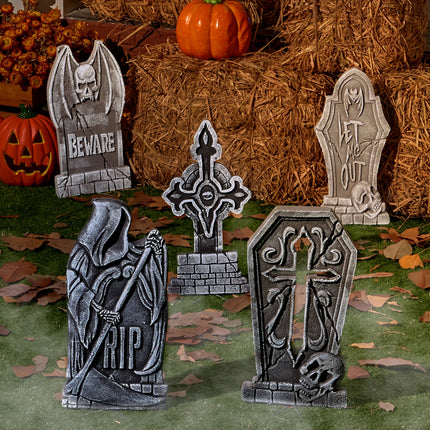 17" Halloween Decorations Outdoor Tombstones,5 Pack Halloween Graveyard Foam Headstones Decor with 12 Metal Stakes for Prop Cemetery Yard Lawn Decorations,Party Supplies