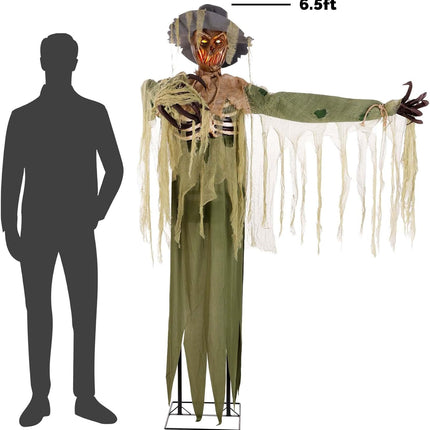 6.5FT Swiping Scarecrow Animatronic | Halloween Decoration with Moving Arm, Glowing Eyes, Fire Light Effects and Creepy Phrases