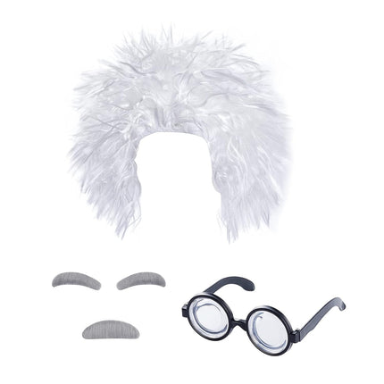 Old Man Costume Set Mad Scientist Wig Glasses Mustache Eyebrows for Dressing up Grandpa Costume Halloween Party Cosplay Set