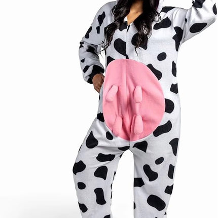 Adult Cow Pajamas, Realistic Plush Cow Costume Jumpsuit Outfit Hooded Halloween Costume Sleepwear for Halloween Cosplay Animal Themed Parties(Large)