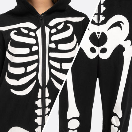 Adult Skeleton Costume for Women, Hooded Zipper Pajama Jumpsuit with Bones Print for Halloween Cosplay Party Themed Dress up and Role Play