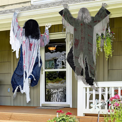 2 Pack 47 Inch Halloween Decor Climbing Zombie Skeleton with Bloodstains,Halloween Hanging Decorations Indoor and Outdoor Yard Decorations