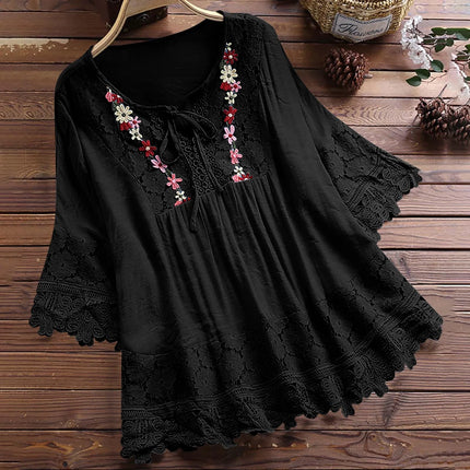 Cotton Linen Shirts for Women,Women'S Boho Tops Floral Lace Crochet V Neck Shirts 3/4 Sleeve Summer Blouse Loose Fit Tunics plus Size 2024,Black,M