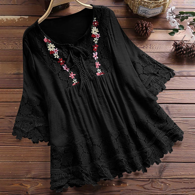Cotton Linen Shirts for Women,Women'S Boho Tops Floral Lace Crochet V Neck Shirts 3/4 Sleeve Summer Blouse Loose Fit Tunics plus Size 2024,Black,M