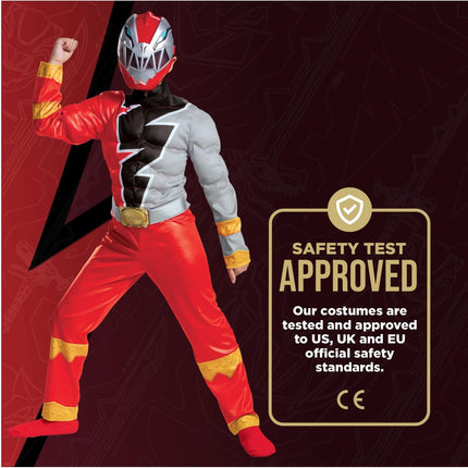 Red Ranger Muscle Costume for Kids, Official Power Rangers Dino Fury Outfit with Mask, Child Size Small (4-6)