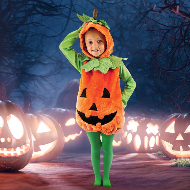 Halloween Pumpkin Costume for Toddler, Pumpkin Costume with Plush Green Leaves, Halloween Party Dress up Costume 3-4 Yrs