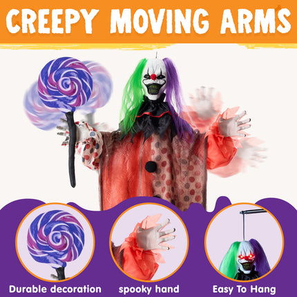 53" Halloween Animated Hanging Scary Clown Decorations Outdoor,Sound Activated Screaming & Waving Arms,Red Glowing Light up Eyes,Outdoor Halloween Prop for Yard Lawn Haunted House